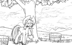 Size: 1584x986 | Tagged: safe, artist:prismspark, applejack, earth pony, pony, eyes closed, leaning, monochrome, newbie artist training grounds, resting, solo, tree