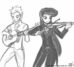 Size: 1000x909 | Tagged: safe, artist:johnjoseco, octavia melody, spike, human, female, grayscale, guitar, humanized, male, monochrome, simple background, spiketavia, violin, white background