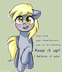 Size: 1000x1150 | Tagged: safe, artist:cottonsweets, derpy hooves, pegasus, pony, blushing, cute, derpabetes, dialogue, female, green background, mare, open mouth, positive ponies, raised hoof, signature, simple background, sketch, solo, talking to viewer