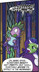 Size: 304x553 | Tagged: safe, artist:tonyfleecs, idw, rarity, spike, dragon, pony, unicorn, from the shadows, spoiler:comic, spoiler:comic51, cropped, duo, facial mask, female, male, mare, mud mask, official comic, speech bubble