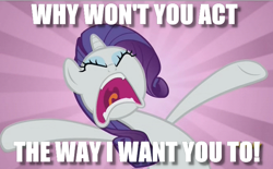 Size: 680x422 | Tagged: safe, edit, edited screencap, screencap, rarity, pony, unicorn, the gift of the maud pie, caption, eyes closed, faic, female, frustrated, image macro, mare, meme, mouthpiece, narcissism, obligatory pony, open mouth, raised hoof, solo, teeth, tongue out, uvula