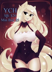 Size: 660x900 | Tagged: safe, artist:koveliana, anthro, advertisement, auction, clothes, commission, female, stockings, thigh highs, your character here