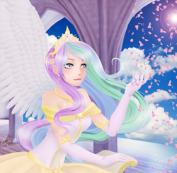 Size: 3129x3065 | Tagged: safe, artist:srtagiuu, princess celestia, human, clothes, dress, flower petals, humanized, solo, winged humanization