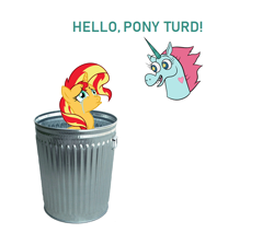 Size: 904x770 | Tagged: safe, sunset shimmer, pony, unicorn, abuse, background pony strikes again, crying, dialogue, flying princess pony head, hate art, heart, op is a cuck, op is trying to start shit, sad, shimmerbuse, star vs the forces of evil, trash can, white background