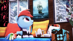 Size: 1920x1080 | Tagged: safe, artist:loveslove, derpibooru import, rainbow dash, pegasus, pony, 3d, cup, dessert, food, looking at each other, pillow, pot, sitting, snow, snowfall, sofa, source filmmaker, tea, teacup, window