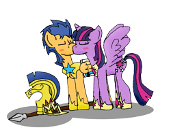 Size: 927x721 | Tagged: safe, artist:jrapcdaikari, derpibooru import, flash sentry, twilight sparkle, twilight sparkle (alicorn), alicorn, pony, crown, female, flashlight, helmet, kissing, male, mare, royal guard, shipping, spear, straight