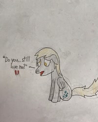 Size: 468x585 | Tagged: safe, artist:whistle blossom, derpy hooves, pegasus, pony, cute, derpabetes, dialogue, female, heartbreak, mare, open mouth, sad, sadorable, simple background, sitting, solo, talking to viewer, traditional art, whistle blossom is trying to murder us, white background