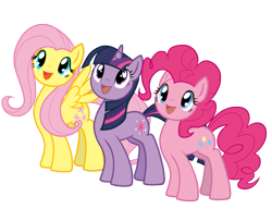 Size: 3656x2965 | Tagged: safe, artist:nekokevin, derpibooru import, fluttershy, pinkie pie, twilight sparkle, earth pony, pegasus, pony, unicorn, looking up, open mouth, simple background, smiling, standing