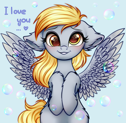 Size: 2040x2000 | Tagged: safe, artist:mite-lime, artist:mite_lime, derpy hooves, pegasus, pony, blushing, bronybait, bubble, cute, derpabetes, dialogue, ear fluff, female, floppy ears, heart, high res, hooves to the chest, i love you, leg fluff, looking at you, mare, simple background, smiling, solo, wings