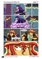 Size: 1495x2085 | Tagged: safe, artist:atariboy2600, artist:bluecarnationstudios, sunset shimmer, twilight sparkle, twilight sparkle (alicorn), alicorn, comic:the amazonian effect, comic:the amazonian effect iii, equestria girls, angry, bloodshot eyes, bra, clothes, comic, muscle growth, muscles, overdeveloped muscles, purple underwear, red eyes, twilight muscle, underwear
