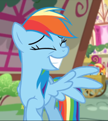 Size: 687x770 | Tagged: safe, screencap, rainbow dash, sunset shimmer, pegasus, pony, better together, equestria girls, spring breakdown, cropped, cute, dashabetes, eyes closed, female, mare, raised hoof, smiling, solo focus, spread wings, teeth, wings