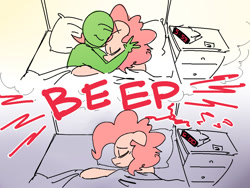 Size: 1000x750 | Tagged: safe, artist:nobody, artist:pink-dooples, edit, pinkie pie, oc, oc:anon, human, series:anon's alarm clock, alarm clock, bed, dream, female, human fetish, male, reality ensues, reality sucks, role reversal, sad, snuggling, straight