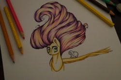 Size: 2560x1701 | Tagged: safe, artist:evildraw, fluttershy, pegasus, pony, rabbit, bust, colored pencil drawing, looking sideways, one wing out, smiling, traditional art