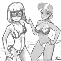 Size: 805x805 | Tagged: safe, artist:johnjoseco, photo finish, sapphire shores, human, beach, bikini, breasts, clothes, duo, duo female, female, grayscale, humanized, monochrome, skinny, star printed swimsuit, striped swimsuit, swimsuit