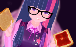 Size: 900x562 | Tagged: safe, artist:lynchly, derpibooru import, twilight sparkle, human, 3d, glasses, humanized, mmd, sandwich, solo