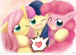 Size: 1209x866 | Tagged: safe, artist:howxu, bon bon, fluttershy, pinkie pie, sweetie drops, earth pony, pegasus, pony, andrea libman, voice actor joke