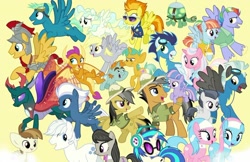 Size: 1024x665 | Tagged: safe, artist:silverbuller, edit, edited screencap, screencap, aloe, bow hothoof, clear sky, daring do, derpy hooves, dj pon-3, double diamond, featherweight, flash magnus, lotus blossom, night glider, octavia melody, pharynx, quibble pants, rumble, sky stinger, smolder, snails, snips, soarin', spitfire, tank, thunderlane, vinyl scratch, wind sprint, windy whistles, changedling, changeling, dragon, earth pony, pegasus, pony, turtle, unicorn, the last problem, dragoness, female, prince pharynx