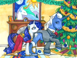 Size: 2145x1618 | Tagged: safe, artist:equigoyle, applejack, blue moon (g4), princess celestia, rarity, twilight sparkle, alicorn, earth pony, pony, unicorn, christmas tree, clothes, dress, duo, female, hearth's warming tree, male, mare, moonity, shipping, stallion, straight, tree