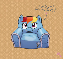 Size: 1169x1080 | Tagged: safe, artist:softballoonpony, derpibooru import, rainbow dash, pony, chair, cute, dashabetes, dialogue, i can't believe it's not badumsquish, inanimate tf, objectification, sofa, solo, transformation