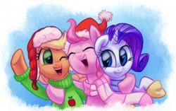 Size: 2000x1259 | Tagged: safe, artist:verulence, applejack, pinkie pie, rarity, earth pony, pony, unicorn, clothes, female, gloves, hat, lesbian, rarijack, santa hat, scarf, shipping, style emulation, sweater