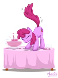 Size: 749x1000 | Tagged: safe, artist:mysticalpha, berry punch, berryshine, earth pony, pony, ass up, berrybetes, cute, eyes closed, female, mare, punch bowl, solo, table, tail wag