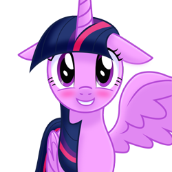 Size: 600x600 | Tagged: safe, artist:fragnostic, derpibooru import, twilight sparkle, twilight sparkle (alicorn), alicorn, pony, blushing, female, floppy ears, grin, looking at you, mare, one wing out, smiling, solo