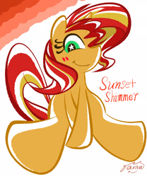 Size: 1701x2041 | Tagged: safe, artist:garammasara, sunset shimmer, pony, unicorn, blushing, grin, looking at you, simple background, smiling, solo, starry eyes, wingding eyes