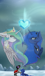 Size: 1280x2133 | Tagged: safe, artist:feathershine1, derpibooru import, king sombra, princess celestia, princess luna, alicorn, pony, crystal empire, crystal heart, fall of the crystal empire, royal sisters, snow, snowy, trio