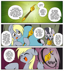 Size: 1216x1344 | Tagged: safe, artist:nekoshiei, color edit, edit, editor:anonycat, seven seas, derpy hooves, zecora, pegasus, zebra, my little pony: the manga, claw, colored, comic, cropped, female, mare, monkey paw, this will not end well