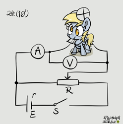 Size: 814x822 | Tagged: safe, artist:holp, derpy hooves, pegasus, pony, circuit, cute, derpabetes, derpy being derpy, electricity, electronics, examination, female, light bulb, mare, no pupils, physics, resistor, signature, simple background, solo, test