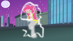 Size: 1279x719 | Tagged: safe, artist:darktailsko, fili-second, pinkie pie, equestria girls, equestrian city, maretropolis, power ponies, redesign, solo, superhero