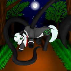 Size: 800x800 | Tagged: safe, artist:auroraswirls, derpibooru import, pony, unicorn, clothes, full moon, moon, necktie, night, ponified, raised hoof, slenderman, solo, stars, tentacles, tree