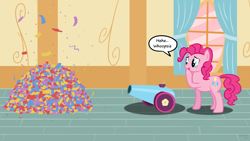 Size: 1920x1080 | Tagged: safe, artist:catiron, pinkie pie, earth pony, pony, confetti, party cannon, solo