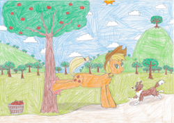 Size: 2338x1653 | Tagged: safe, artist:epicalaxy master, applejack, winona, earth pony, pony, apple tree, applebucking, barrel, colored, drawing, traditional art, tree