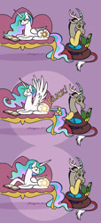 Size: 598x1309 | Tagged: safe, artist:merrypaws, discord, princess celestia, alicorn, draconequus, pony, behaving like a snake, book, comic, confused, curled up, discord being discord, female, frown, glowing cutie mark, lamplestia, lidded eyes, light, looking back, male, mare, missing accessory, prone, purple background, reading, shocked, simple background, smiling, smirk, spread wings, sunbutt, surprised, tail, tail pull, this will end in tears and/or a journey to the moon, wat, wide eyes, wings