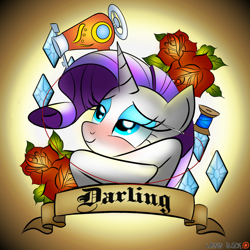 Size: 1500x1500 | Tagged: safe, artist:lennonblack, rarity, pony, unicorn, blackletter, blushing, bust, cutie mark, darling, flower, old banner, patreon, patreon logo, sewing machine, solo, spool, tattoo design