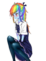 Size: 768x1024 | Tagged: safe, artist:sakurai, derpibooru import, rainbow dash, equestria girls, alternate hairstyle, blushing, clothes, colored eyelashes, cute, dashabetes, dress, maid, no pupils, pantyhose, pixiv, ponytail, rainbow dash always dresses in style, simple background, solo, white background