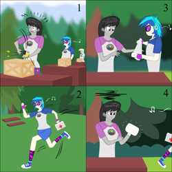 Size: 1000x1000 | Tagged: safe, artist:lzh, derpy hooves, dj pon-3, octavia melody, vinyl scratch, equestria girls, legend of everfree, bandage, box, comic, female, first aid, first aid kit, hammer, hitting, injured, medkit, not happy, octavia is not amused, old master q, run, table, unamused