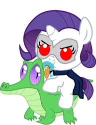 Size: 786x1017 | Tagged: safe, artist:red4567, gummy, rarity, pony, unicorn, ponies of dark water, baby, baby pony, cute, doctor doomity, evil, flawless rarity, pacifier, ponies riding gators, pure unfiltered evil, raribetes, riding