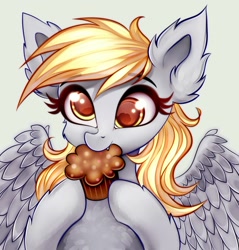 Size: 1280x1339 | Tagged: safe, artist:mite-lime, derpy hooves, pegasus, pony, bust, cheek fluff, cute, cute little fangs, derpabetes, ear fluff, eating, fangs, female, food, leg fluff, mare, muffin, portrait, simple background, solo