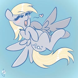 Size: 2048x2048 | Tagged: safe, artist:juulpone, derpy hooves, pegasus, pony, blue background, blushing, cute, derpabetes, eyes closed, female, floating heart, heart, high res, mare, open mouth, simple background, solo, spread wings, wings