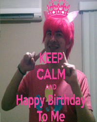 Size: 928x1168 | Tagged: safe, artist:brandonale, bubble berry, pinkie pie, human, birthday, clothes, cosplay, happy birthday, image macro, irl, irl human, keep calm and carry on, meme, photo, rule 63