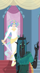 Size: 825x1500 | Tagged: safe, artist:greenvelvetcake, princess celestia, queen chrysalis, human, humanized, sword, weapon