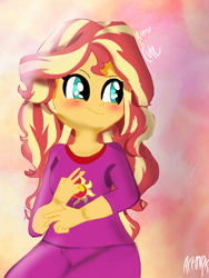 Size: 1800x2400 | Tagged: safe, artist:artmlpk, sunset shimmer, equestria girls, blushing, clothes, cute, cuteness overload, dying of cute, female, looking back, pajamas, peace sign, photo, shimmerbetes, smiling, solo