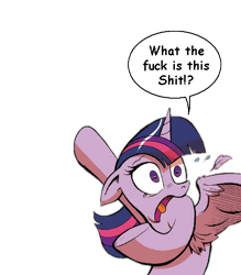 Size: 474x541 | Tagged: safe, derpibooru import, idw, twilight sparkle, twilight sparkle (alicorn), alicorn, pony, exploitable, female, mare, reaction, reaction image, simple background, solo, speech bubble, template, transparent background, vulgar, what the fuck is this shit