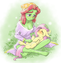 Size: 1080x1120 | Tagged: safe, artist:ta-na, fluttershy, tree hugger, pony, equestria girls, make new friends but keep discord, barefoot, bellyrubs, blushing, cleavage, clothes, cute, dress, ear twitch, equestria girls-ified, eyes closed, feet, female, floppy ears, grass, holding a pony, huggerbetes, on back, shyabetes, sitting, smiling, weapons-grade cute