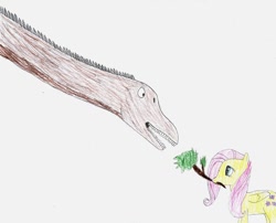 Size: 900x726 | Tagged: safe, artist:wesdaaman, fluttershy, dinosaur, pegasus, pony, adventure, dinosaurs, feeding, herbivore, mokele mbembe, traditional art