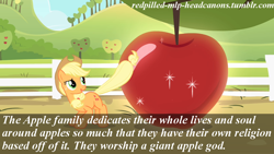 Size: 1280x720 | Tagged: safe, applejack, earth pony, pony, appelox, apple, apple family, god, headcanon, idolatry, redpilled-mlp-headcanons, religion, text, that pony sure does love apples, tumblr