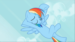 Size: 1668x940 | Tagged: safe, derpibooru import, screencap, rainbow dash, pegasus, pony, the mysterious mare do well, crossed hooves, eyes closed, female, flying, hooves behind head, mare, missing cutie mark, smiling, solo, spread wings, waving, wings