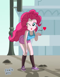 Size: 1439x1833 | Tagged: safe, artist:sumin6301, pinkie pie, equestria girls, blowing a kiss, breasts, cleavage, clothes, female, heart, looking at you, midriff, one eye closed, open mouth, shorts, solo, stockings, tanktop